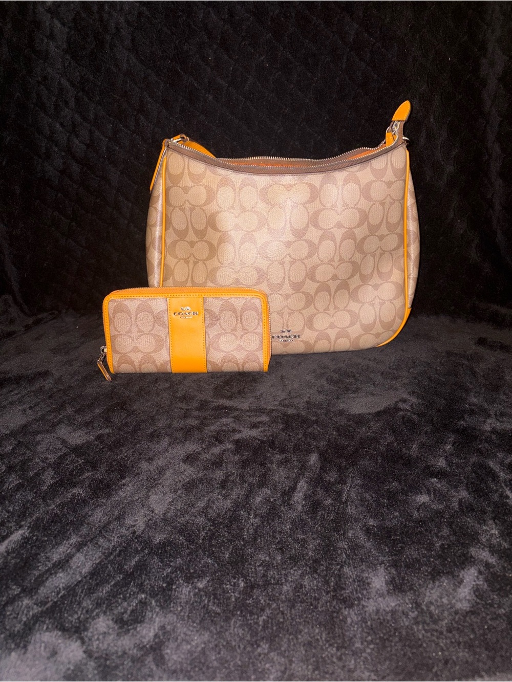 Coach Beige Signature Canvas Hobo Bag with Orange Trim and Matching Wallet